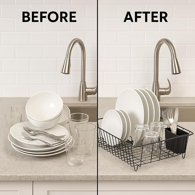 Large Wire Dish Rack – 17.5" x 13.7" x 5.5", Black/Chrome, Space-Saving Kitchen Dish Drainer with Utensil Holder, Rust-Resistant for Drying Plates & Bowls