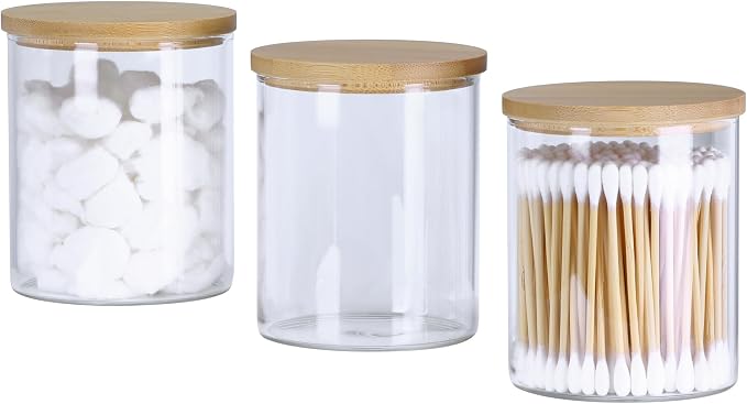 INIUNIK 3 Pack Glass Qtip Holder Dispenser with Bamboo Lid Apothecary Jars Cotton Ball Swab Holder Jar Dispenser Bathroom Vanity Canisters for Countertop Storage and Organization