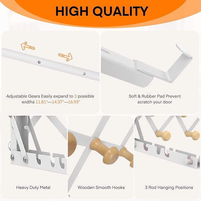 FYY Over the Door Drying Rack, Foldable with 7 Hooks for Laundry Bathroom | Heavy Duty Metal, Adjustable Width, Hanging Towels Clothes, Space-Saving for Dorm Bedroom, Fits Doors up to 1.65"