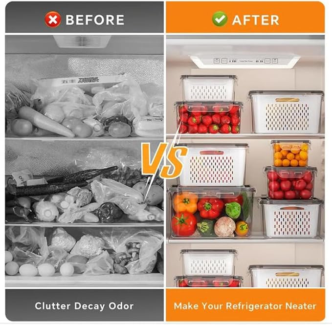 4 in 1 Food Storage Container, Fruit Storage Containers for Fridge, Produce Storage Containers with Lid and Strainer, Including Drain Basket, Multipurpose Large Fruit Containers for Fridge (3PC-White)