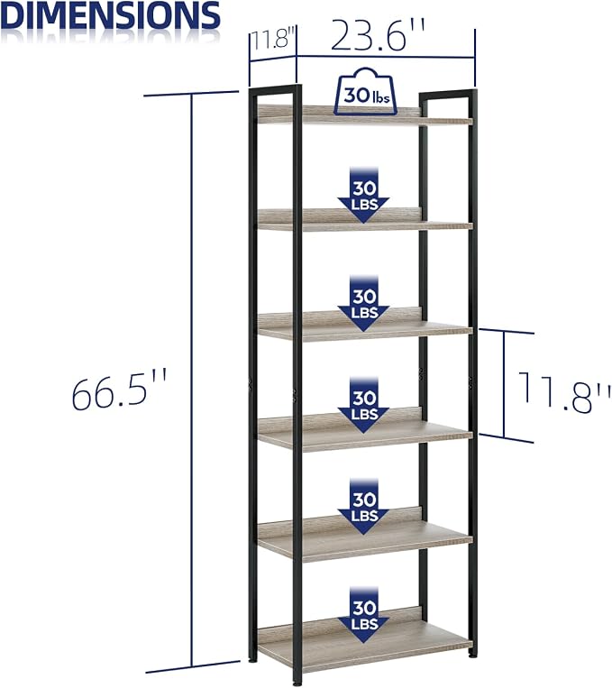 NUMENN Bookshelf, 6 Tier Freestanding Shelving Unit, Grey | Metal Frame & Wood Shelves, Falling Prevention Baffle, Open Storage Bookcase for Bedroom, Living Room & Home Office