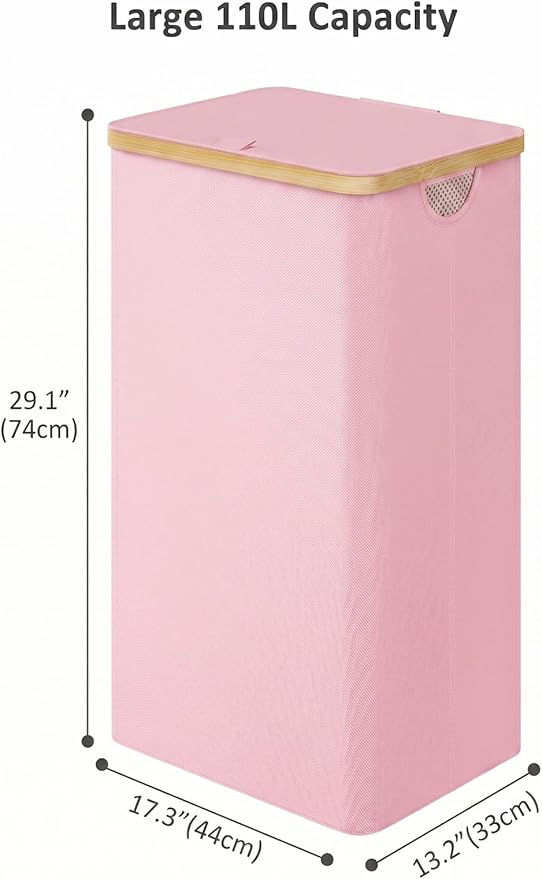 IEGrow Laundry Hamper with Lid,110L Laundry Basket with Mesh Bag,Pink | Dirty Clothes Hamper Basket with Bamboo Handle for Clothes Towels Organization