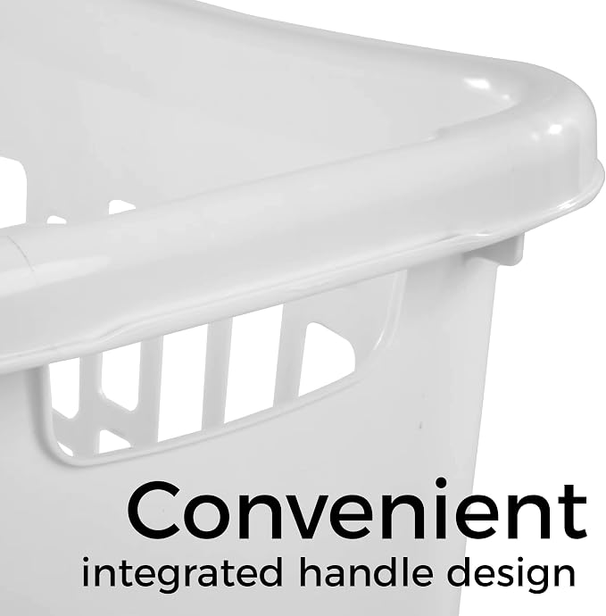 Large Plastic Laundry Hamper, White, Slim Rectangular, Ventilated, 63 Liter, Reinforced Handles, Clothes Basket for Bathroom, Dorm, and Closet