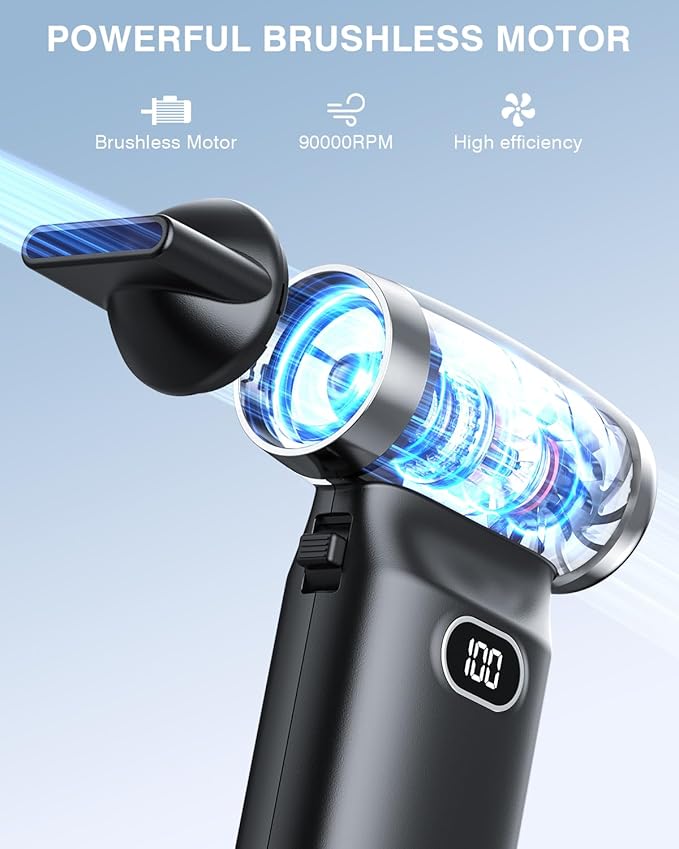 Compressed Air Duster Electric Blower Cordless Canned Air Substitute | 90000RPM 60 MPH High Wind Speed 6000mAh Battery Powerful Cleaner for Computer, Car, Home, etc.