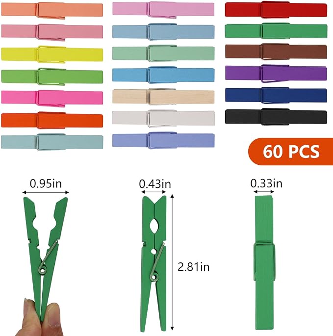 60Pcs Colored Clothes Pins Wooden, Colored Clothespins for Crafts 2.9 Inch, Clothing Pins for Hanging Classroom