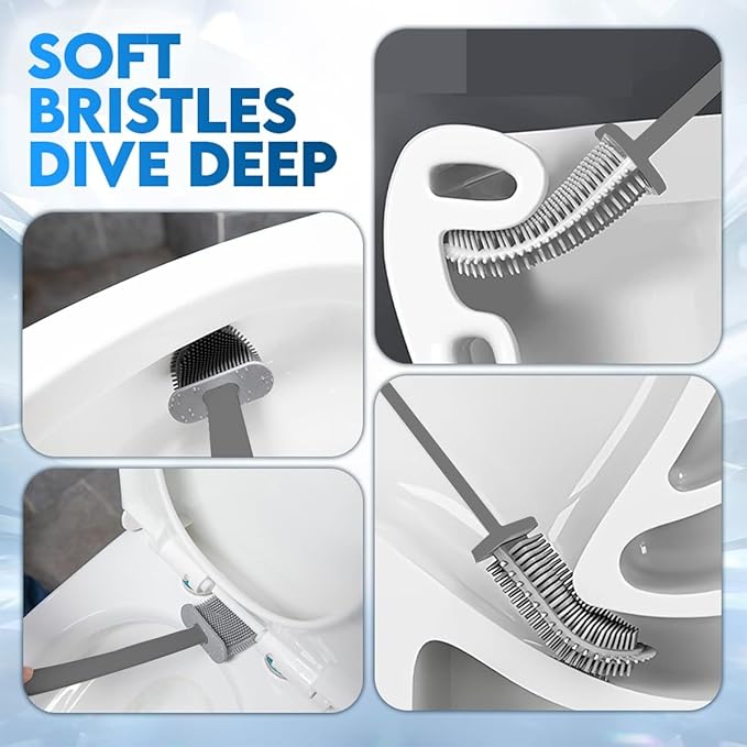 Modern Minimalist Silicone Toilet Brush with Holder - Pack of 2 Gray Toilet Bowl Brush Set - Self-Cleaning & Splash-Free, Easy-Rinse Design with Wall Mounted Holder Bathroom Accessory.