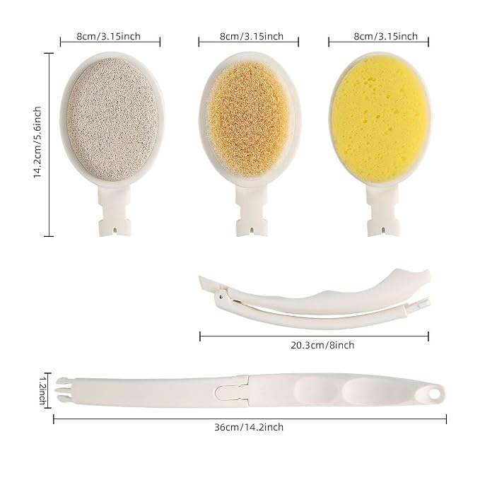 LFJ 19" Long Handle Shower Sponge Brush Set, 3 in 1 Body Brush, Bath Sponge and Lotion Applicator Improved Skin Health, Suitable for Men and Women (White Brush with pumice-1P)