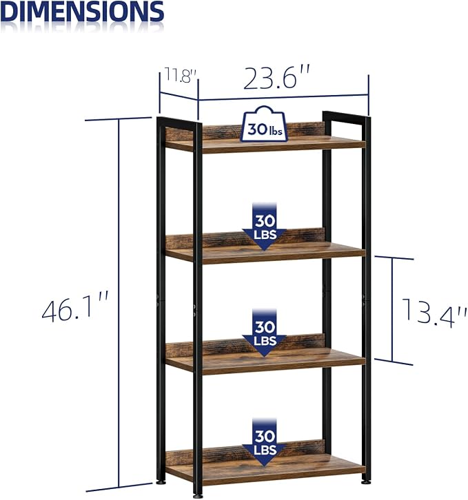 NUMENN Bookshelf, 4 Tier Freestanding Shelving Unit, Vintage | Metal Frame & Wood Shelves, Falling Prevention Baffle, Open Storage Bookcase for Bedroom, Living Room & Home Office