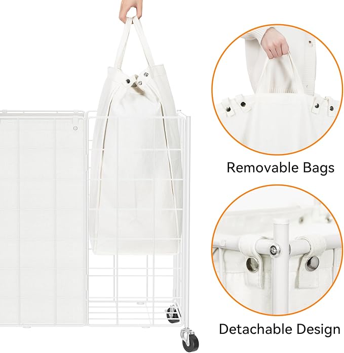 WOWLIVE Double Laundry Hamper with Wheels, Metal Rolling Laundry Basket | Wire Frame Hamper with 2 Removable Bags, 120L Dirty Clothes Hamper Organizer Dorm Room Storage for Bedroom, White