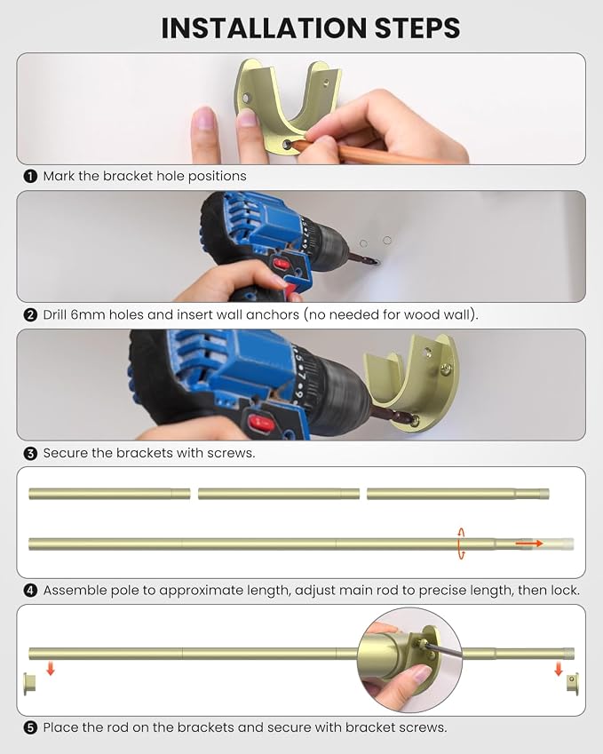 Supforce Closet Rods for Hanging Clothes, 17 to 69 Inches Stepless Adjustable Metal Closet Rod, 1.3 Inches Heavy Duty Clothes Hanging Rod for Closet Wardrobes Laundry RV, Verdant Gold