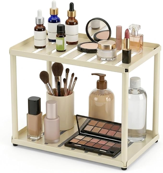 2 Tier Bathroom Counter Organizer, Rectangular Vanity Organizer Shelf, Skincare and Makeup Countertop Storage Rack for Kitchen, Bathroom, Bedroom,White