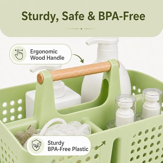 Portable Shower Caddy Basket with Wood Handle, 3-Compartment Bathroom Organizer Tote with Drain Holes, Plastic Shower Basket for Dorm, Toiletries, Cleaning Supplies,Grass Green