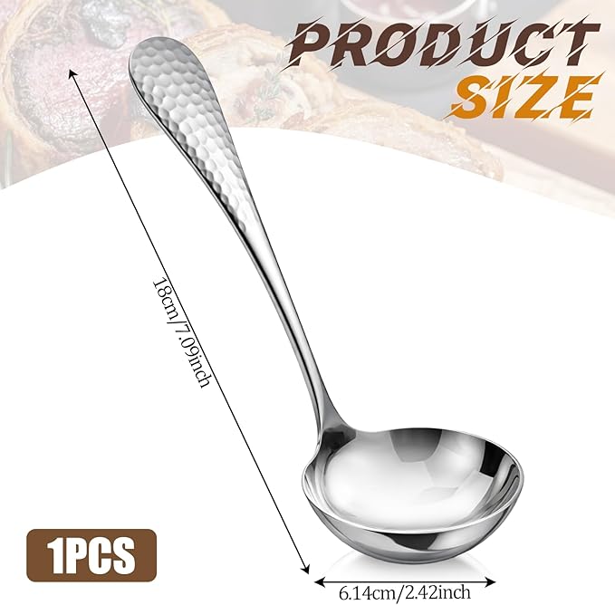 7.09 Inch Small Ladle Premium Stainless Steel Hammered Gravy Ladle Rustproof Kitchen Utensil for Serving Soup Sauces Gravies Chili Stew and More Elegance Functionality (Silver)