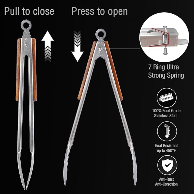 Esie Houzie 16" & 12" Heavy Duty Stainless Steel Grill Tongs with Locking Mechanism & Heat-Resistant Wooden Handle - 2-Pack BBQ Tongs for Grilling, Barbecue, Kitchen Cooking Accessories