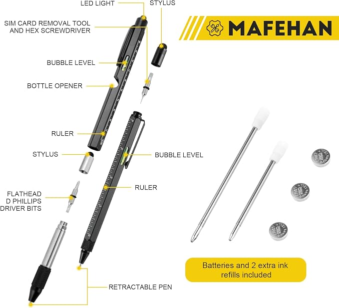 MAFEHAN 10-in-1 Multitool Pen Set, Gifts for Men Dad Husband Grandpa | LED tool pen gifts for men who have everything; aluminum EDC pen for writing, measuring, fixing and touchscreens-All Black
