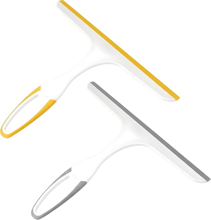 2 Pack Shower Squeegee for Glass Doors – 9.5” Silicone Blade Window Cleaner Tool (Grey & Yellow) – Bathroom, Car Windshield, Mirror & Tile Cleaning Wiper with Hook – Lightweight Ergonomic Handle
