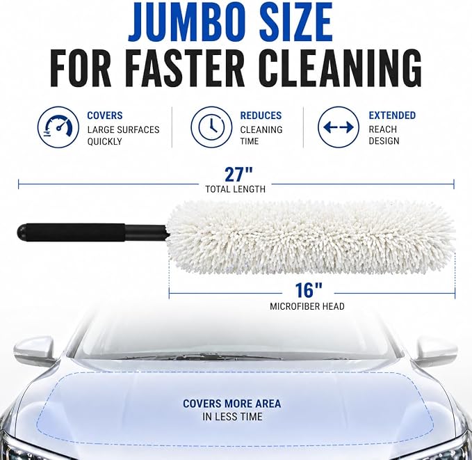 HI-TECH Industries Microfiber Jumbo Duster MFJD-1 – 27" Scratch-Free Car Duster for Dust Pollen & Light Debris, Safe on Paint Chrome & Glass, Includes Storage Bag