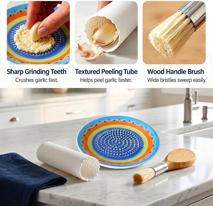 Handcrafted Ceramic Garlic Grater Plate 4-Pc Set, 4.72" Handmade Porcelain Grinding Dish with Wooden Boar Bristle Brush & Textured Silicone Peeler, Multicolor Spanish Wave