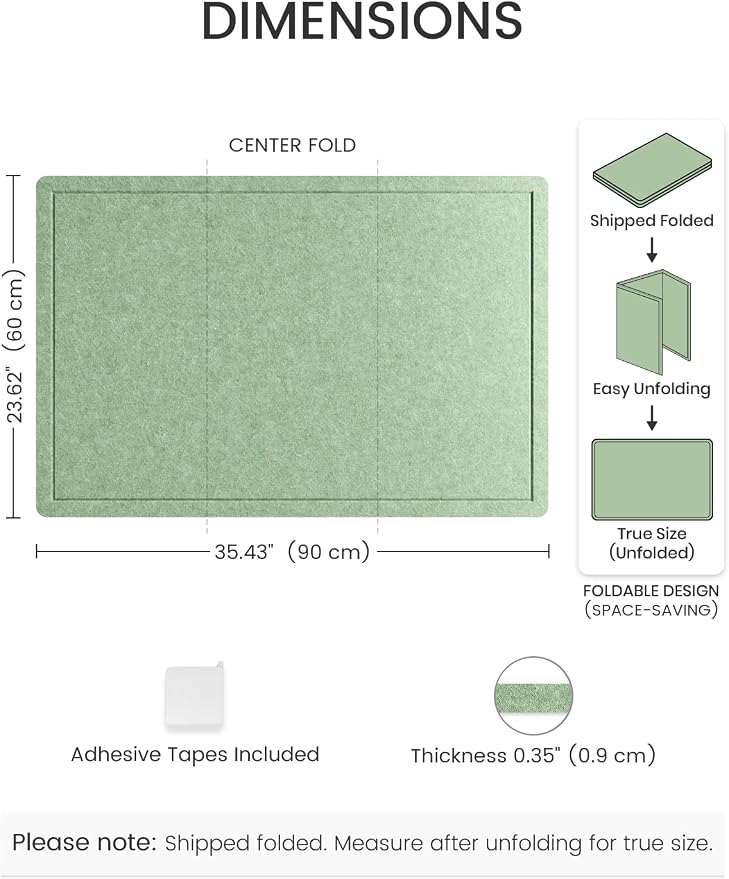 Fluxynara 35.4" x 23.6" Bulletin Board, Moss Green | Cork Board Alternative with 12 Removable Adhesive Tabs, Foldable Felt Pin Board for Home, Office, Classroom & Dorm