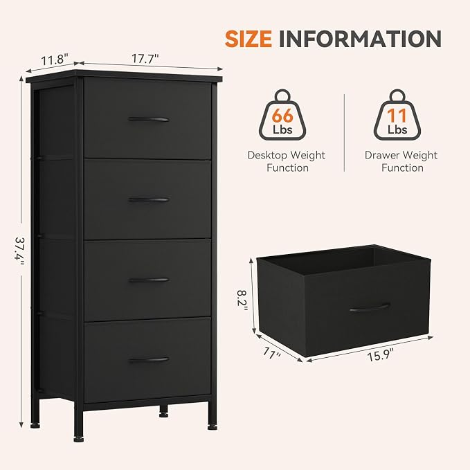 Sweetcrispy Dresser for Bedroom, 4 Drawer Storage Cabinet, Tall Nightstand | Small Fabric Black Dresser for Closet, Chest of Drawers, Closet Organizer, Home Furniture, Sturdy Frame