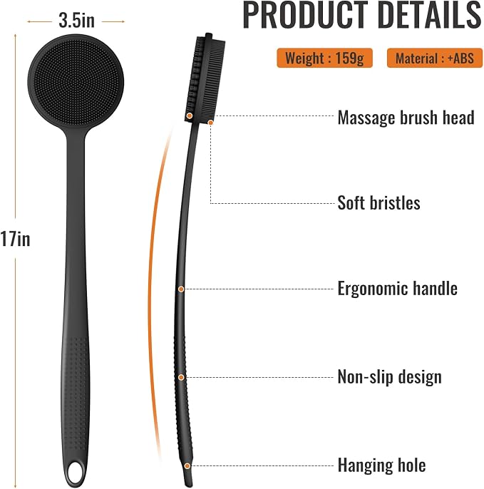 Silicone Back Scrubber for Shower, 17in Lengthen Long Handle Body Brush, Double Sided Shower Brush for Shower Exfoliating and Massage Can Produce Rich Foam, Long Handle Back Scrubber for Men