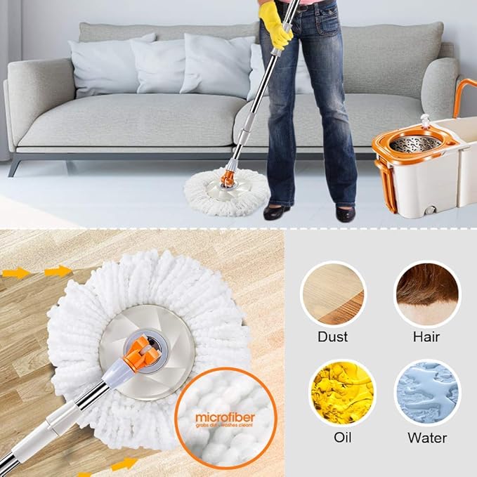 Masthome Mop and Bucket with Wringer Set, Easy Wring Spin Mop and Bucket with Wheels, 51" Stainless Steel Handle & 4 Microfiber Replacement Refills, Wet Dry Mop for Floor Cleaning