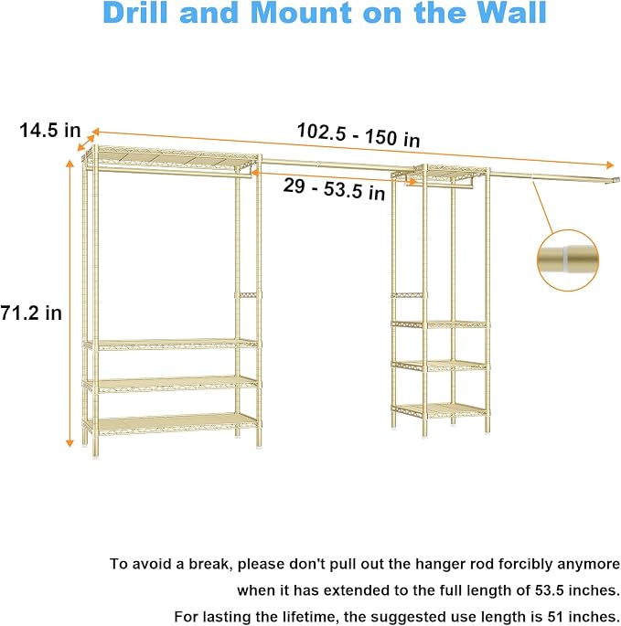 Ulif E11 Heavy-Duty Garment Rack, Metal Freestanding Clothes Rack and Closet Storage Organizer System with 8 Shelves and 4 Hanger Rods, (73.2-97.6)" W x 14.5" D x 71.2" H, Load 1034 LBS, Gold