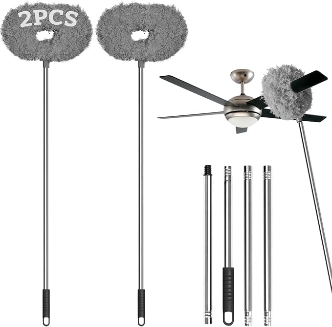 Eunice 13-50 Inches Ceiling Fan Duster with Extension Pole | Extendable Microfiber Cleaning Brush for High Ceiling, Blades, Cobwebs, Adjustable Dusting Tool for Window,Door(2Pcs Gray)