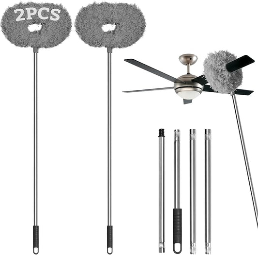 Eunice 13-50 Inches Ceiling Fan Duster with Extension Pole | Extendable Microfiber Cleaning Brush for High Ceiling, Blades, Cobwebs, Adjustable Dusting Tool for Window,Door(2Pcs Gray)