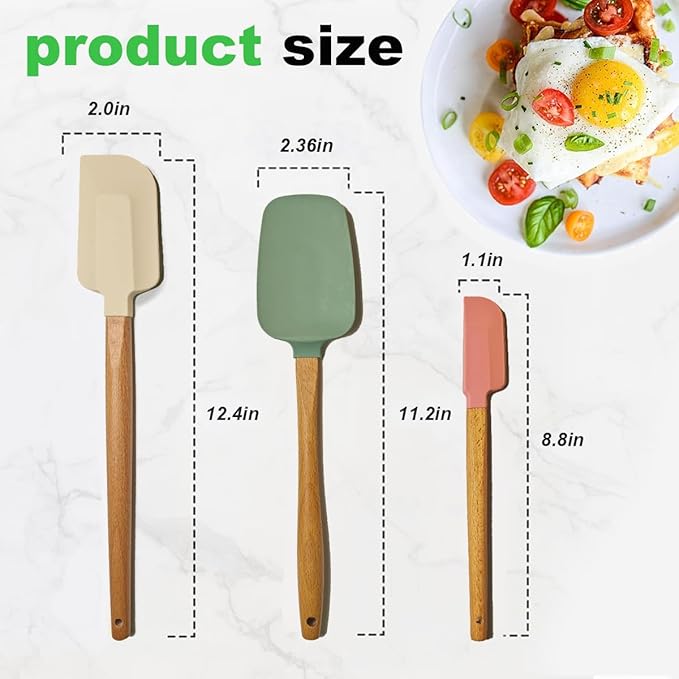 3PCS Heat Resistant Silicone Spatula Set, Silicone Spatula with Wooden Handle, Silicone Spatula Wooden Handle, Spatulas Silicone Heat Resistant Wood, Rubber Spatula for Baking Non-Stick Cooking Mixing