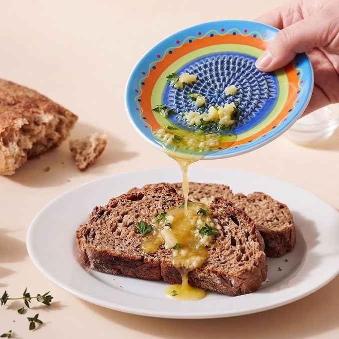 Handcrafted Ceramic Garlic Grater Plate 4-Pc Set, 4.72" Handmade Porcelain Grinding Dish with Wooden Boar Bristle Brush & Textured Silicone Peeler, Multicolor Spanish Wave