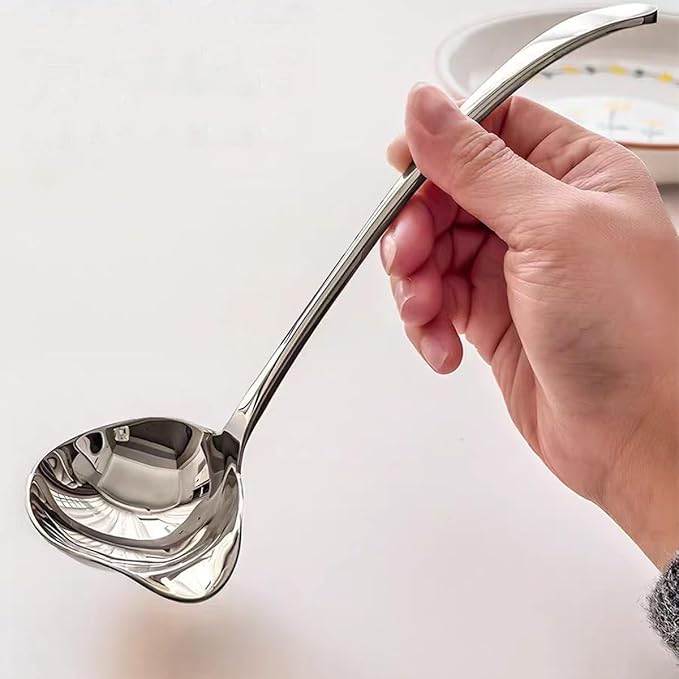 2-Piece Stainless Steel Small Ladle Set with Slanted Pour Spout, Sauce and Gravy Ladles, Modern Kitchen Utensil Set, 8-Inch Handle, Dishwasher Safe