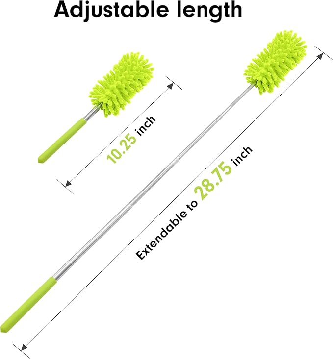 Duster for Cleaning, 10-29" Extension Pole, 2 Washable Heads, Green | Microfiber Heads, Wet Or Dry, Detachable, Hand Washable, Easy Storage, For Cars, Offices, Windows, Furniture And Ceiling Fans