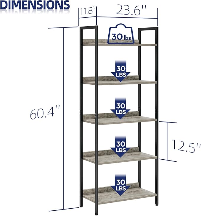 NUMENN Bookshelf, 5 Tier Freestanding Shelving Unit, Grey | Metal Frame & Wood Shelves, Falling Prevention Baffle, Open Storage Bookcase for Bedroom, Living Room & Home Office