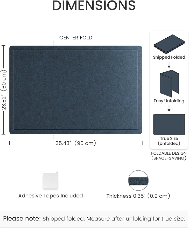 Fluxynara 35.4" x 23.6" Bulletin Board, Carbon Blue | Cork Board Alternative with 12 Removable Adhesive Tabs, Foldable Felt Pin Board for Home, Office, Classroom & Dorm