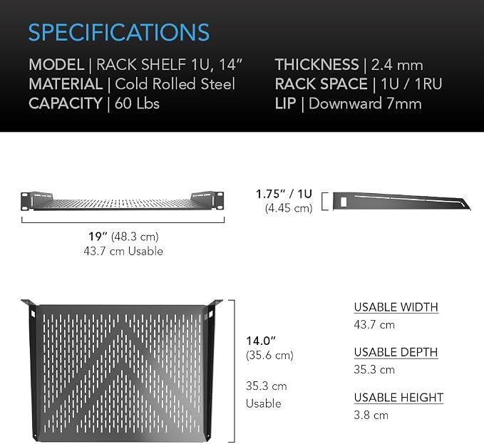 AC Infinity Vented Cantilever 1U Universal Rack Shelf, 14" Deep, for 19" Equipment Racks. Heavy-Duty 2.4mm Cold Rolled Steel, 60lbs Capacity