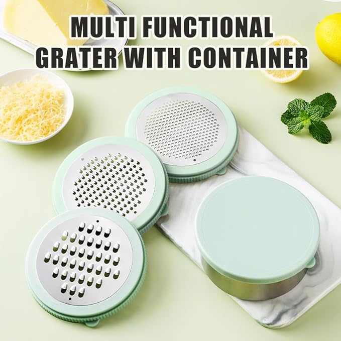Cheese Grater with Container & Lid, Multi Functional Stainless Steel Box Grater, Handheld Grater Bowl for Kitchen,Lemon Zester for Parmesan, Cheeses, Ginger, Chocolate, Vegetables, Butter (Mint Green)