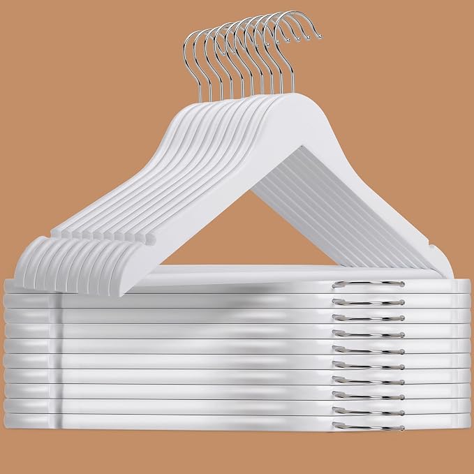 Amber Home 20 Pack White Wooden Coat Hangers, White Wood Suit Hangers with Non-Slip Pant Bar, Clothes Hangers for Closet Organization, Shirts, Jackets, Dresses, and Pants (White, 20)