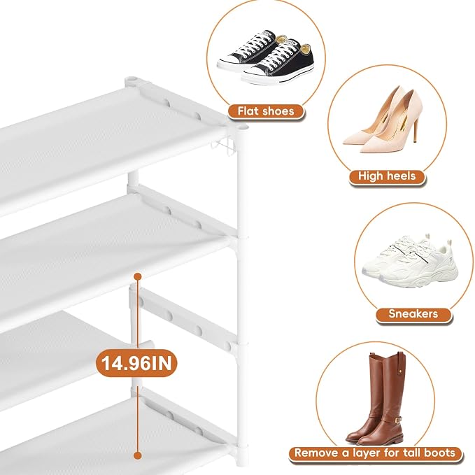 LUKYTOWER Extra Long Shoe Rack 4 Tier with 2 Hooks Shoe Storage Organizer | Wide Stackable Shoe Racks for Closet, Entryway,Shoe Shelf Stand Sturdy Durable Shoes Holder Save Space Up to 26Pairs