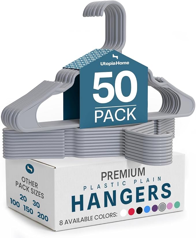 Utopia Home Plastic Hangers 50 Pack – Space Saving Clothes Hanger Grey | Durable & strong | Closet organizer & storage | Ideal for apartments, dorms & stocking stuffers