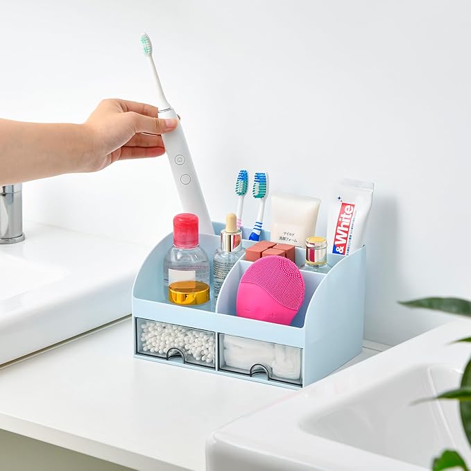 VITVITI Toothbrush Holders for Bathrooms Countertop, 5 Slots Toothpaste Bathroom Counter Sink Organizer with Drawers, Plastic Bathroom Organizer for Vanity/Makeup/Office Blue