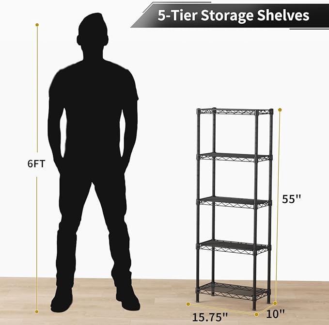 Golpart 5Tier Adjustable Storage Shelves Metal Wire Shelving Standing Shelf | Utility Heavy Duty Unit Rack Closet Organize for Home Kitchen Laundry Room Organization Pantry 10"Dx16"Wx55"H Black