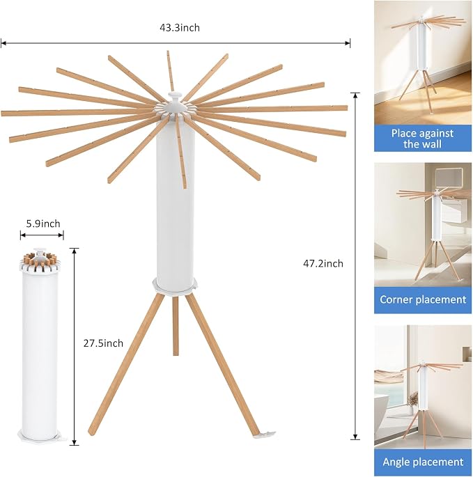 Tripod Foldable Clothes Rack,Garment Rack Portable with Collapsible Design | Drying Rack Clothing with No-Tool Assembly, Freestanding Laundry Drying Rack, pace-Saving for Bedroom, Laundry Room,Balcony