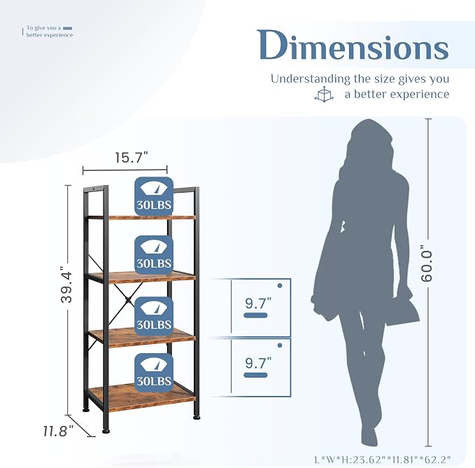 DUMOS 4-Tier Bookshelf, Tall Bookcase, Storage Organizer | Open Storage Display Shelf for Living Room, Bedroom, Home Office, Narrow Standing Shelving Unit for Books, CDs, Décor Brown