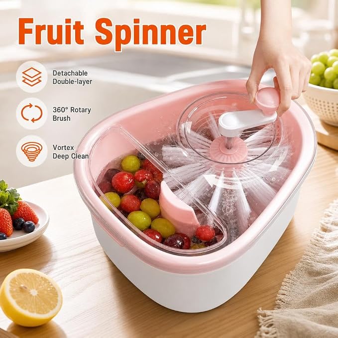 Fruit Cleaner Spinner Detachable Double Layer Drain Basket, 360 Rotary Brush Hands Free Deep Cleaning Vegetable Washer for Home Kitchen Berry Grape Cherry Washing Draining