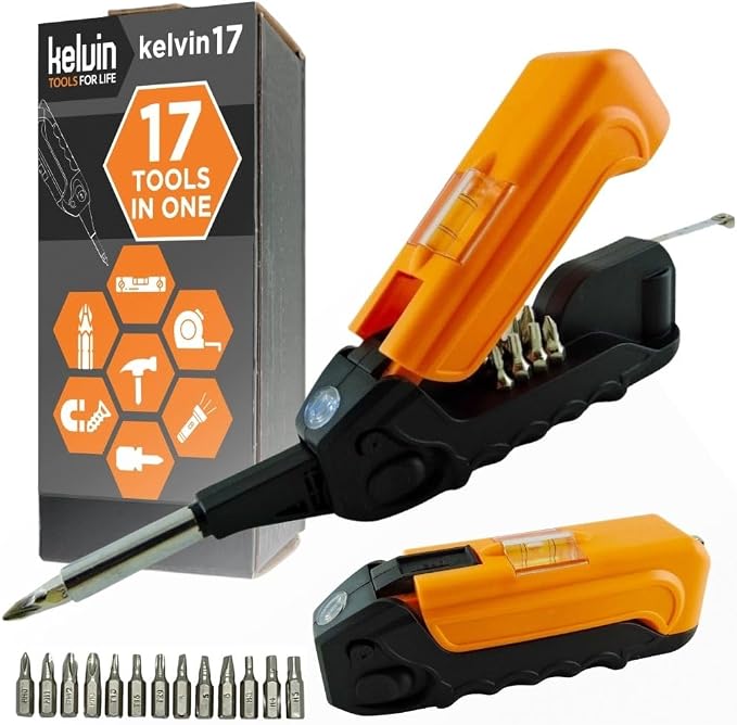 Kelvin Tools - Kelvin 17 Urban Screwdriver Set, All in One Everyday Multitool Screwdriver, Multi-Tip, Compact & Universal Precision, 13 Bit Set with Tape Measure, Liquid Level, Hammer and Flashlight