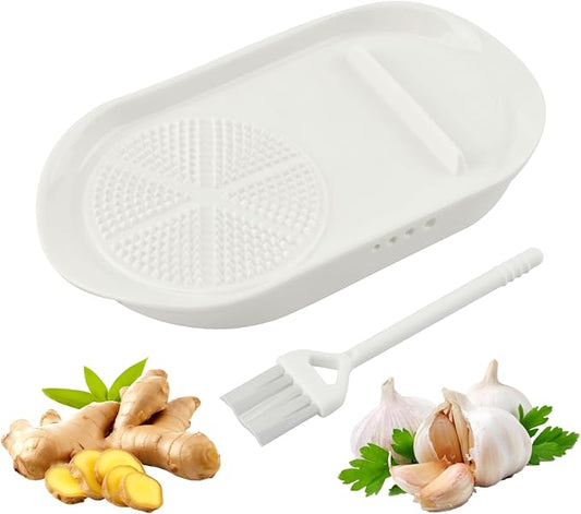 4-in-1 Ceramic Garlic Grater Plate with Egg Cracker, Herb Stripper, Spoon Rest, Garlic Ginger Grater for Vegetables Fruits Eggs, Food Brush Included