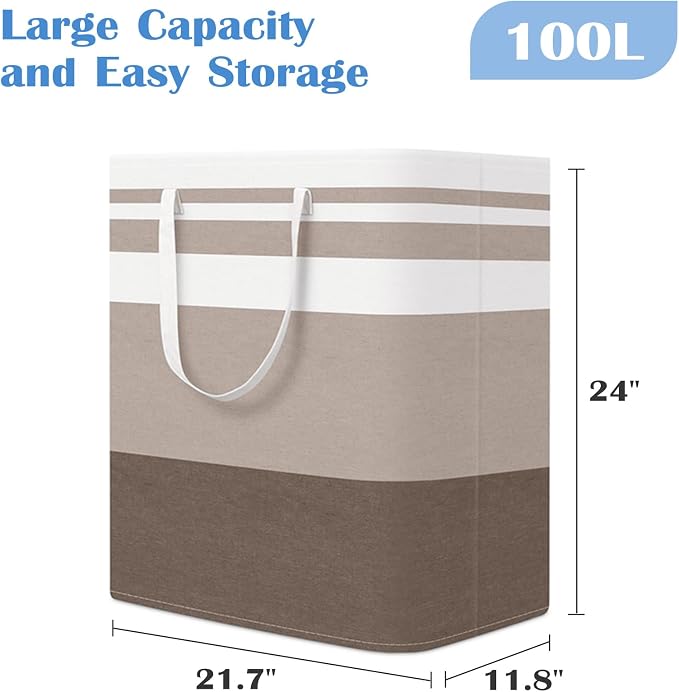 BlissTotes 3-Pack Laundry Basket, Collapsible Laundry Hamper, Khaki, 100L | Laundry Clothes Hamper, Hampers for Bedroom, Freestanding Hamper with Handles, Clothes Laundry Basket