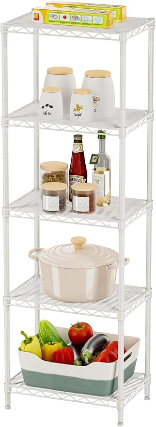 SINGAYE Metal Shelves Wire Shelving Storage Standing Adjustable Shelf Unit | 5 Tier Mesh Units Shelf for Kitchen Laundry Bathroom Closet Organizers Pantry Narrow Home Rack 10" D x 16" W x 55" H White