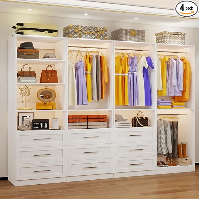 Closet System with 4 Sets, 8-21FT Closet Organizer System with 9 Drawers & 6 Shelves & 8Hanging Rods, Custom L-Shaped Walk in Closet Organizers and Storage System, Modular Closet Shelving System,White